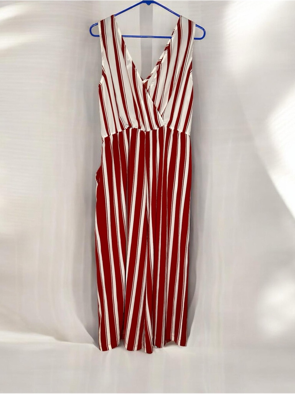 Auw Red And White Striped V-Neck Jumpsuit
